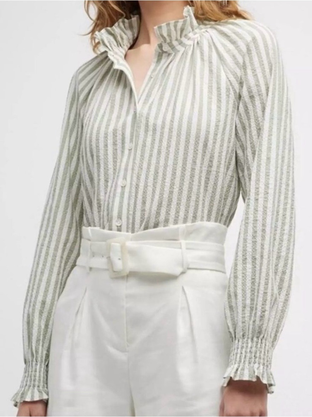 Veronica Beard Size 4 Ruffle-Collar Button-Up Blouse in Light Sage and White
